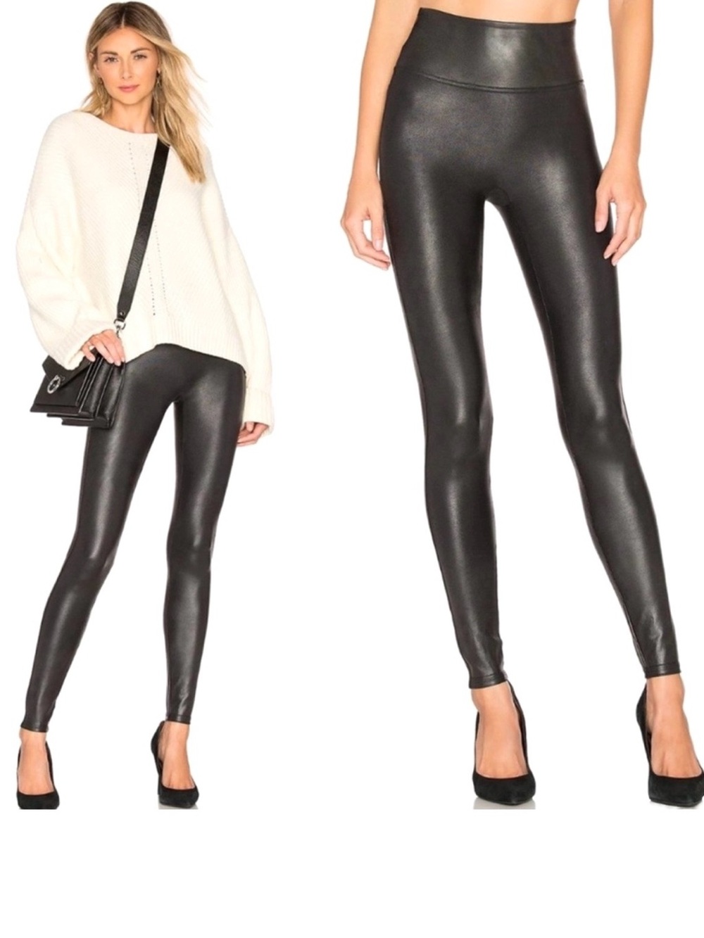 Spanx Faux Leather Very Black High Waisted Shaping Leggings Pants
